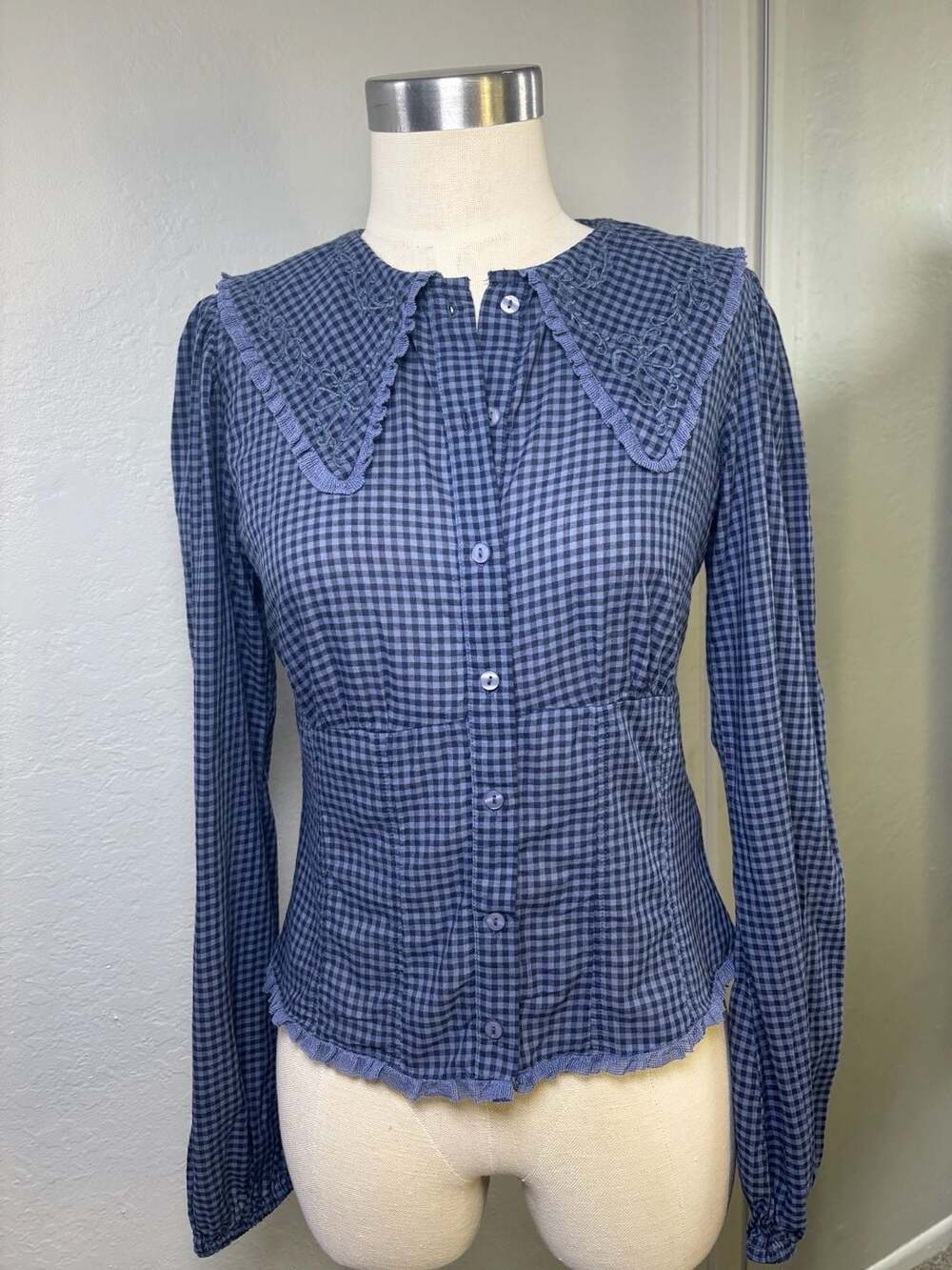 Zara Gingham Shirt Blue Plaid Peter Pan Collar Long Sleeve